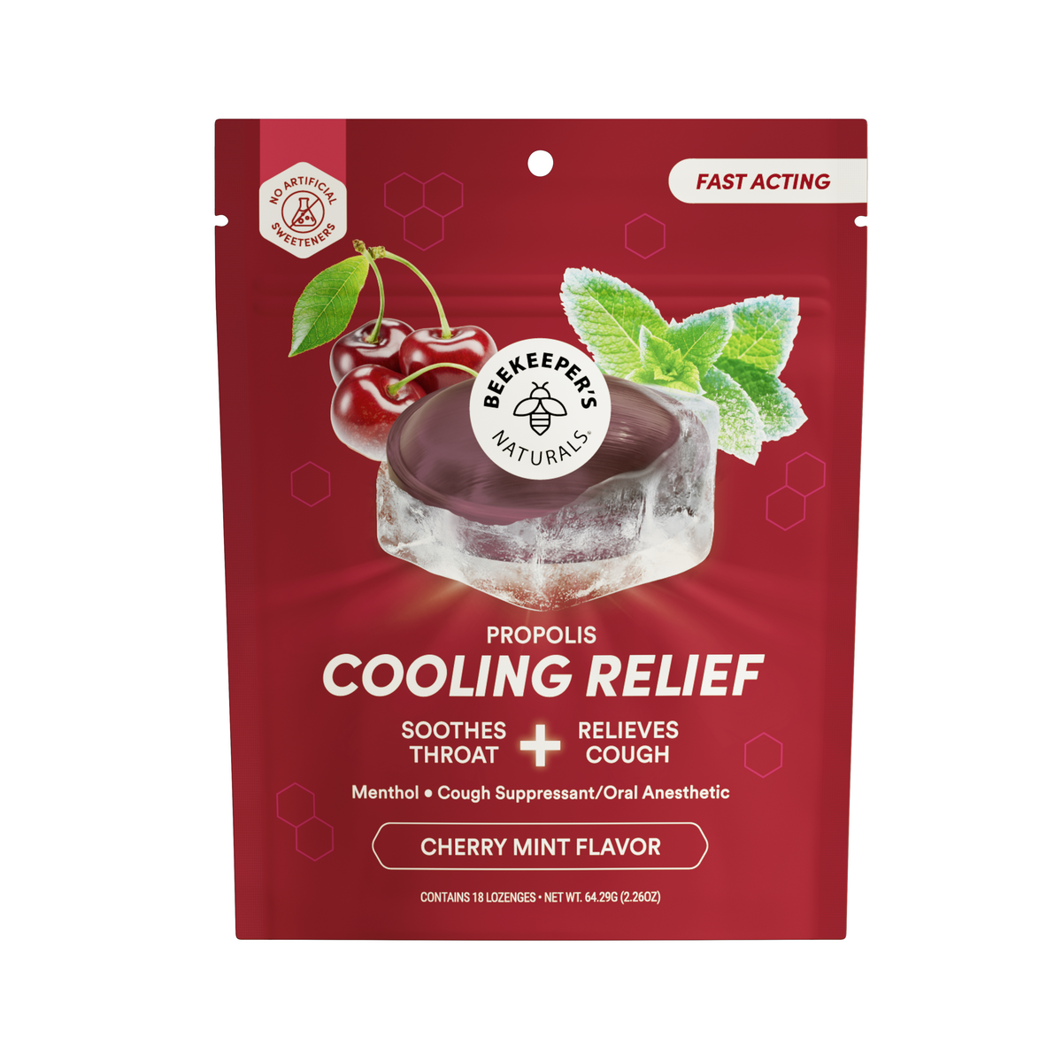 A red stand-up pouch of Bee Keeper Naturals Propolis Cooling Relief Cherry Mint Flavor oral anesthetic, featuring a graphic of a dark red propolis-coated candy in an ice cube with cherries and mint leaves.