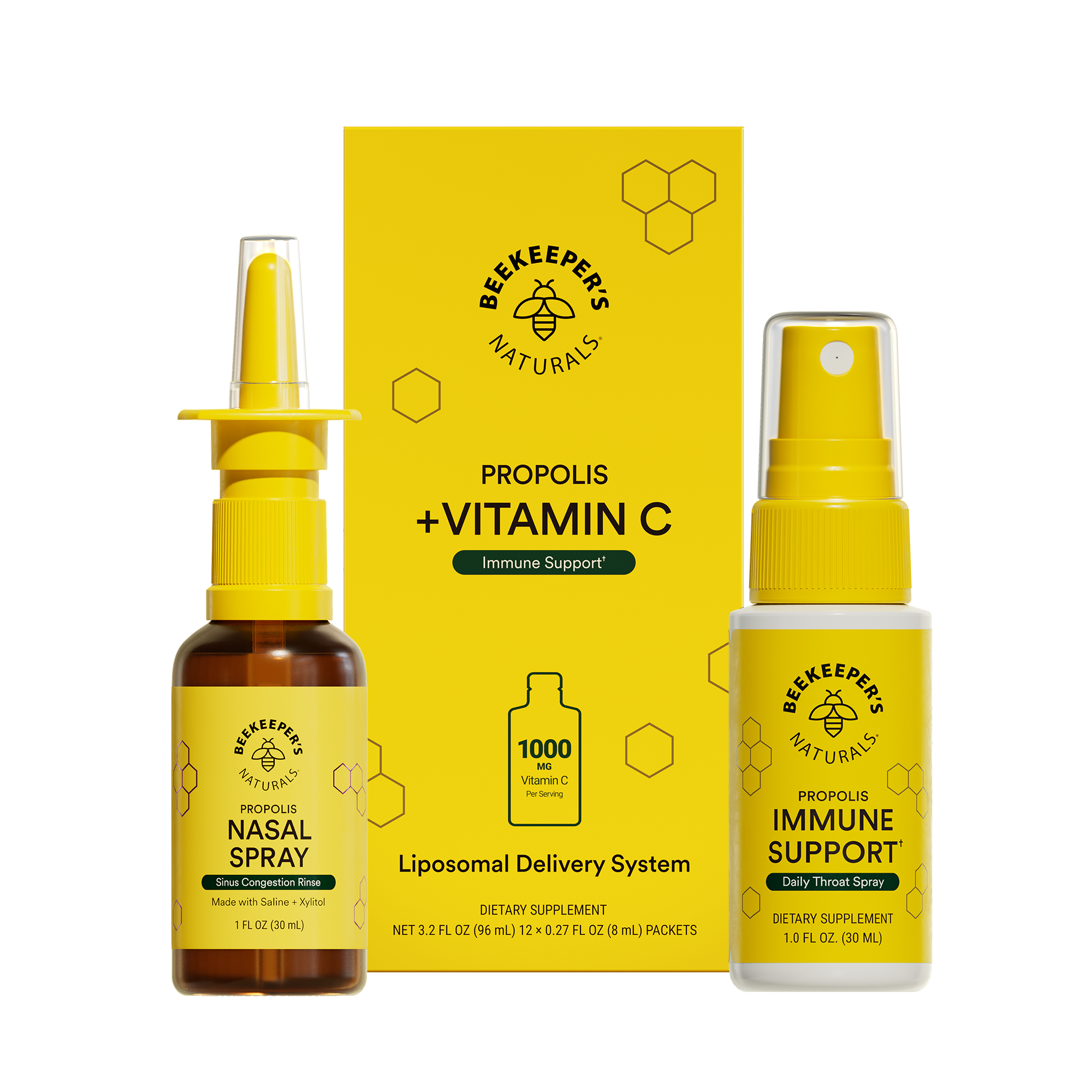 Beekeeper's Naturals propolis nasal spray, immune support spray, and packaging on a white background