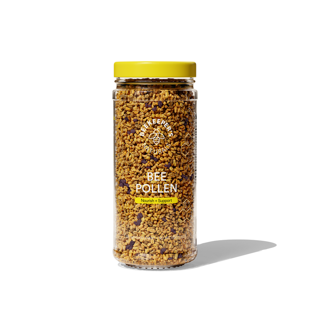 Jar of Beekeeper's Naturals bee pollen: a natural dietary supplement to nourish and support your well-being. "Bee Pollen"