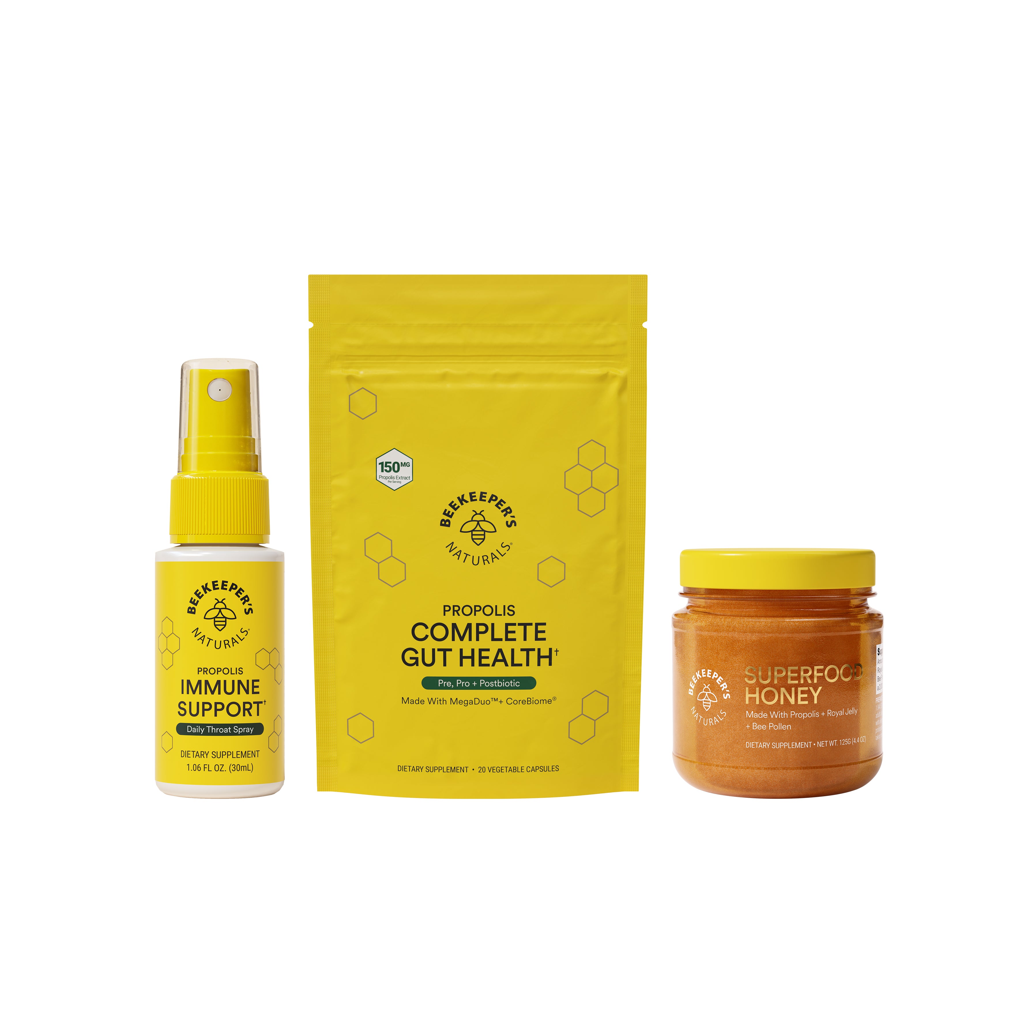 Beekeeper's Naturals Starter Bundle: propolis immune support spray, gut health capsules, & superfood honey. Boost your