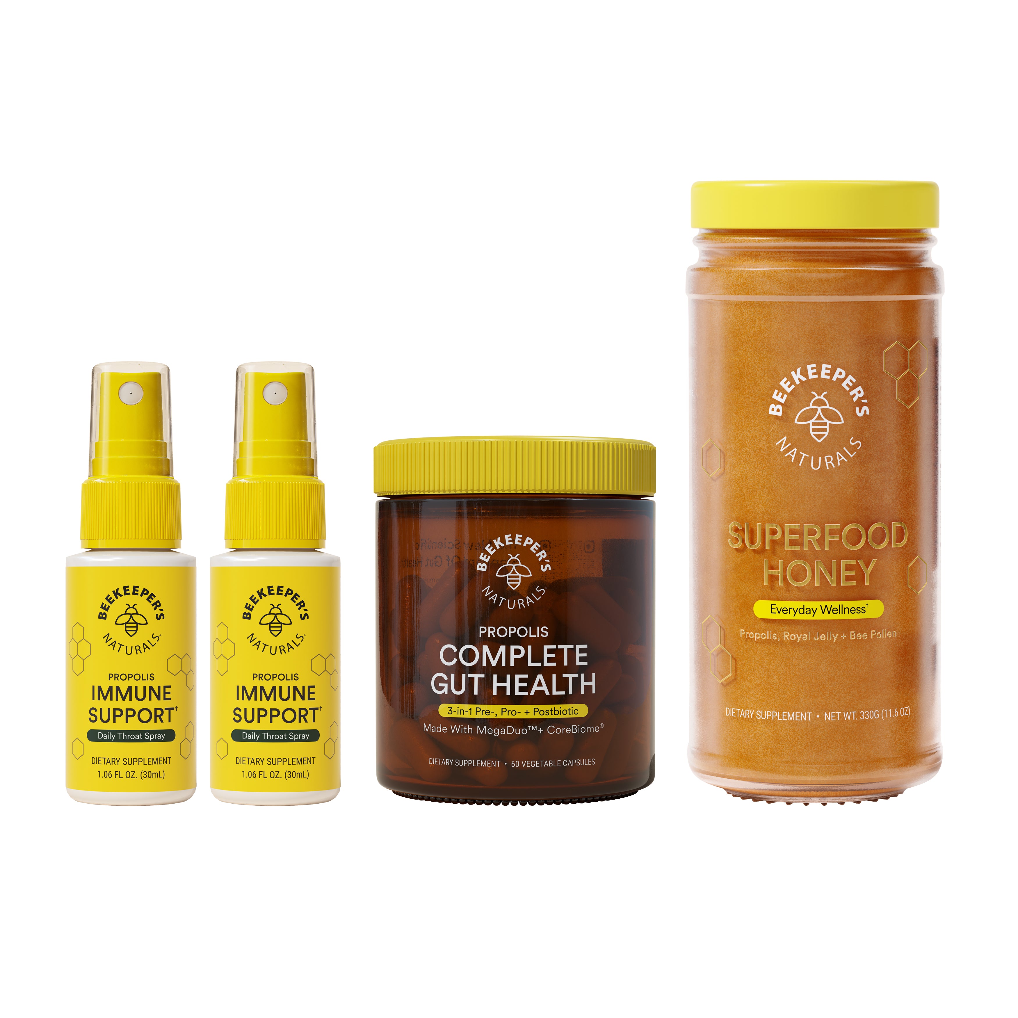 Beekeeper's Naturals Ultimate Bundle, showcasing immune support throat sprays, propolis gut health capsules, and superfood