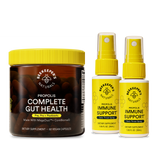Supplement products including a jar and two spray bottles with yellow caps on a white background.
