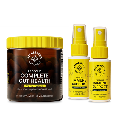 Supplement products including a jar and two spray bottles with yellow caps on a white background.
