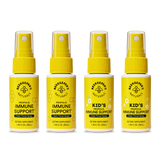 Four yellow bottles of Beekeeper's Naturals immune support products on a white background