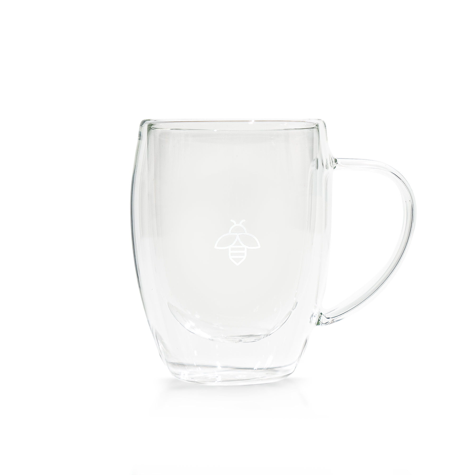 BKN Mug showcasing its double-walled clear glass design. The lightweight cup with a bee logo ensures ideal insulation.