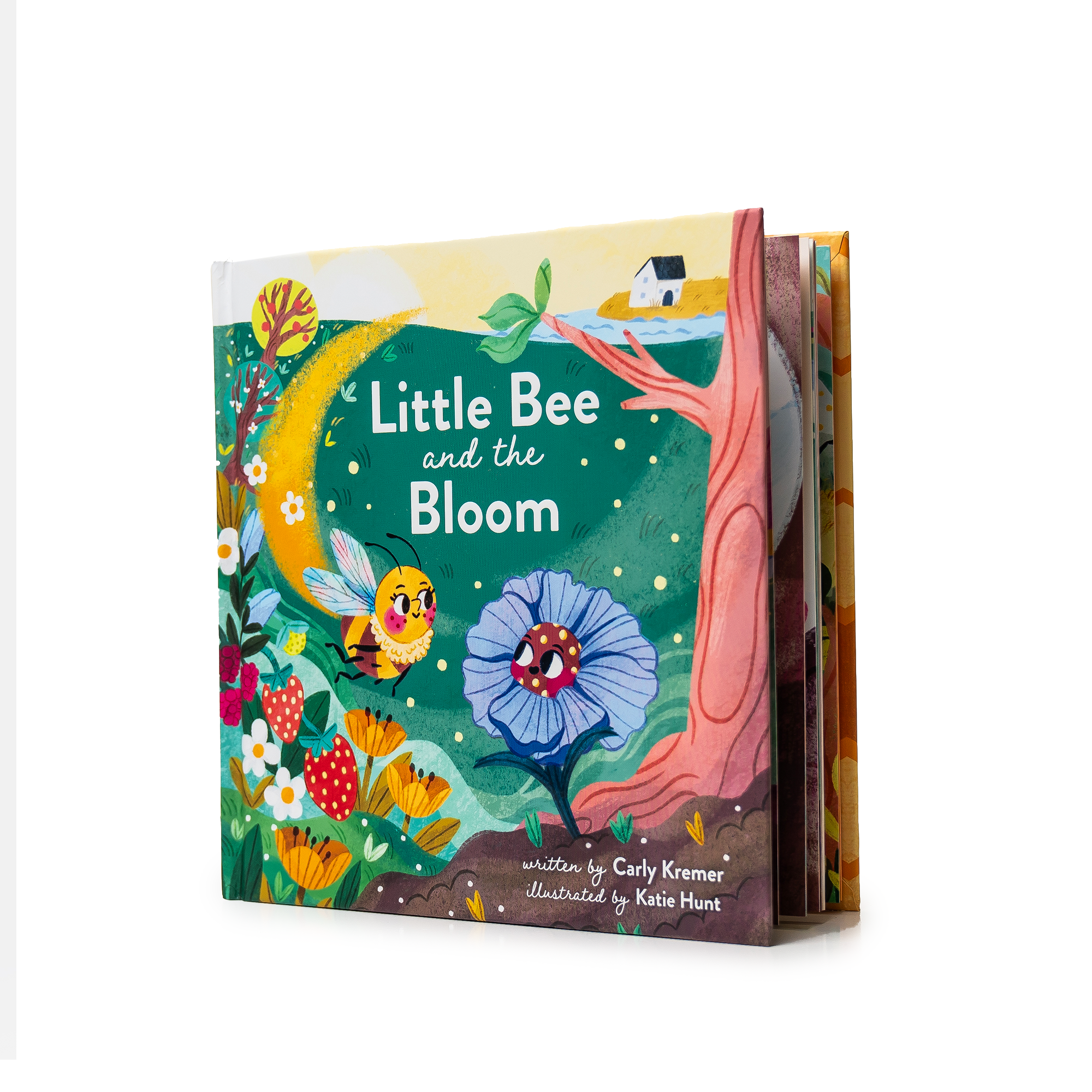 A children's board book titled "Little Bee and the Bloom" shown standing upright against a plain white background. The cover features colorful illustrated artwork with a bee, flowers, a tree trunk, and a yellow moon, and the text is clearly visible.