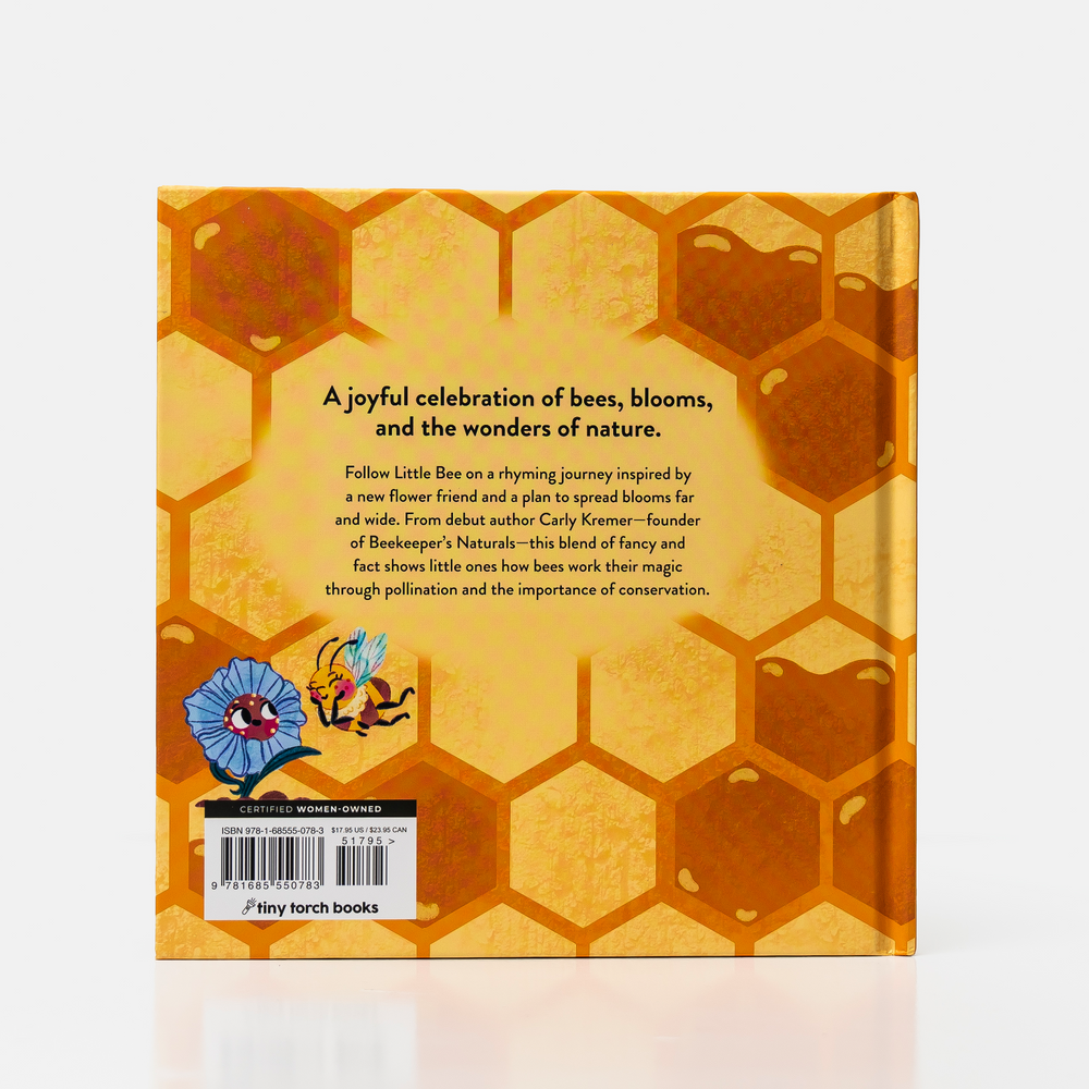 The back cover of a children's book titled 'A Thyming Journey' by Carly Kremer, published by Tiny Torch Books. The cover features a warm honey-amber background with a honeycomb pattern, a blue flower with a smiling face, and a small bee illustration.