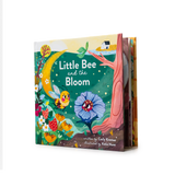 A children's board book titled "Little Bee and the Bloom" shown standing upright against a plain white background. The cover features colorful illustrated artwork with a bee, flowers, a tree trunk, and a yellow moon, and the text is clearly visible.