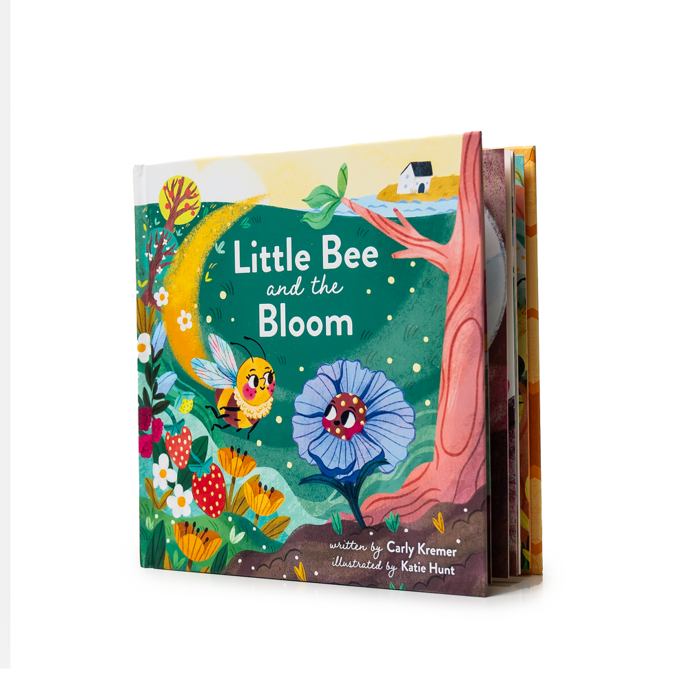 A children's board book titled "Little Bee and the Bloom" shown standing upright against a plain white background. The cover features colorful illustrated artwork with a bee, flowers, a tree trunk, and a yellow moon, and the text is clearly visible.