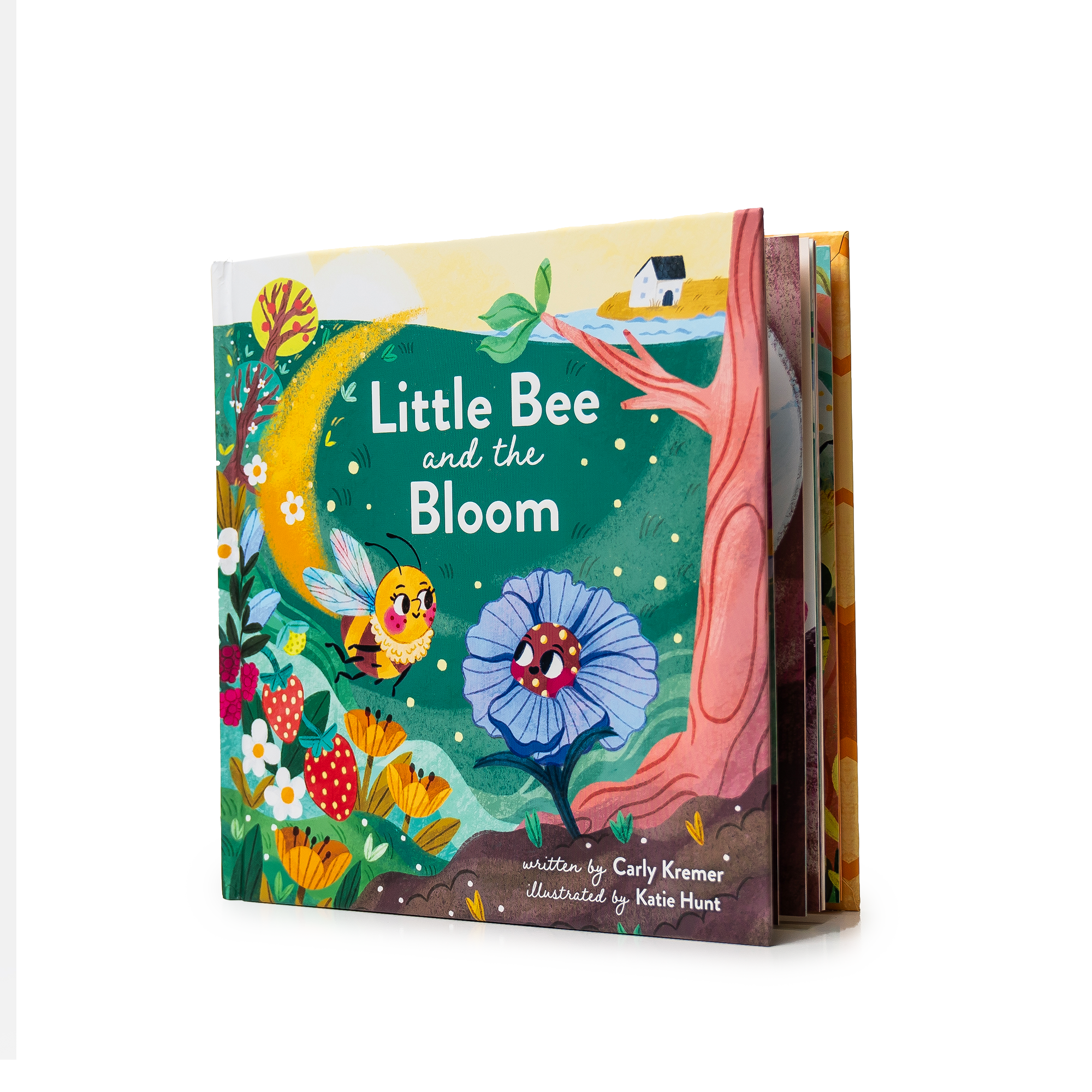 A children's board book titled "Little Bee and the Bloom" shown standing upright against a plain white background. The cover features colorful illustrated artwork with a bee, flowers, a tree trunk, and a yellow moon, and the text is clearly visible.