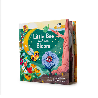 A children's board book titled "Little Bee and the Bloom" shown standing upright against a plain white background. The cover features colorful illustrated artwork with a bee, flowers, a tree trunk, and a yellow moon, and the text is clearly visible.