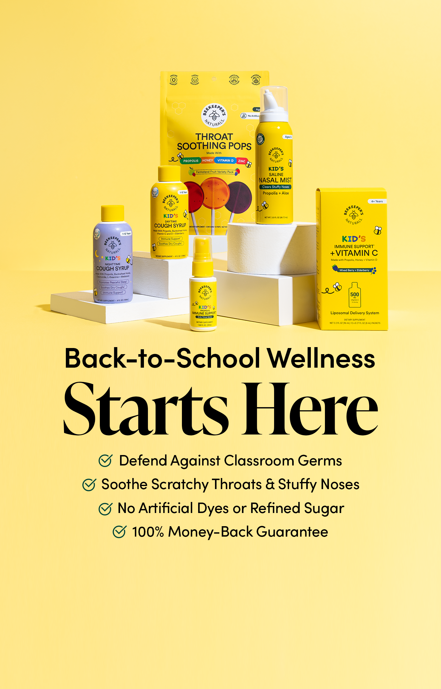 Back-to-school wellness products on a yellow background with text about product benefits.