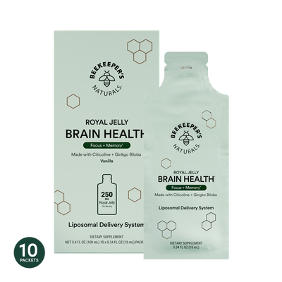 A box of Beekeeper's Naturals Royal Jelly Brain Health Liposomal, with 10 sachets, in natural vanilla flavor.