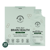 Packaging for Beekeeper's Naturals Royal Jelly Brain Health supplement in liposomal form, with 30 sachets flavored with vanilla. The box is predominantly white with green accents and information text.