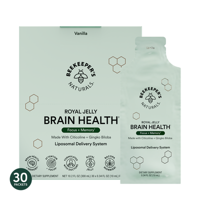 Packaging for Beekeeper's Naturals Royal Jelly Brain Health supplement in liposomal form, with 30 sachets flavored with vanilla. The box is predominantly white with green accents and information text.