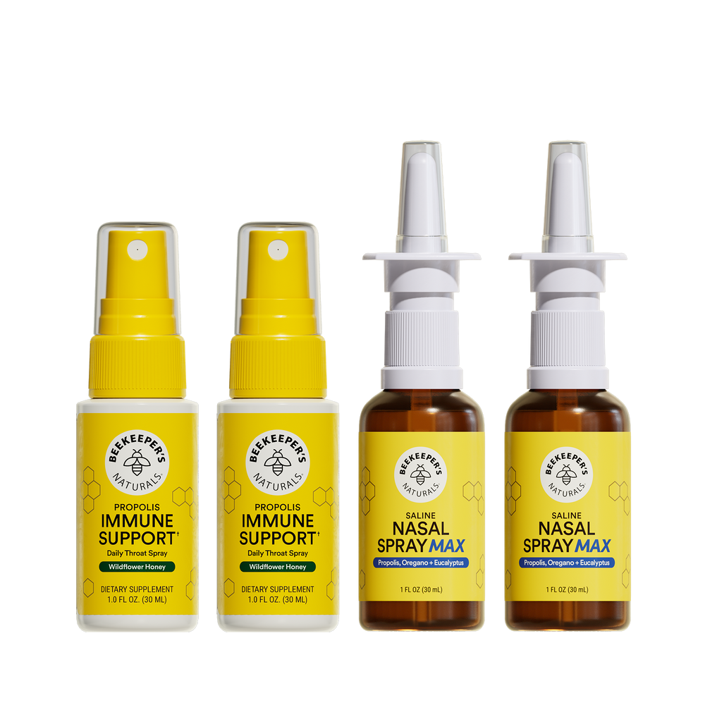 Four bottles of Beekeeper's Naturals immune support and nasal spray products on a white background