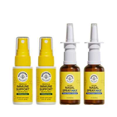 Four bottles of Beekeeper's Naturals immune support and nasal spray products on a white background