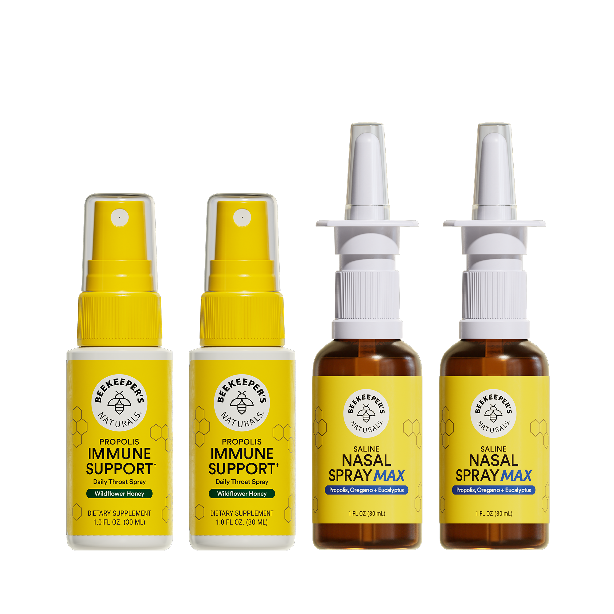 Four bottles of Beekeeper's Naturals immune support and nasal spray products on a white background