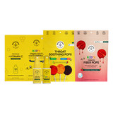 Front view of Supercharged Back-to-School Immunity Kit showing: kids and adult immune support throat sprays, throat soothing Pops, kid's prebiotic Fiber Pops, and kids and adult liposomal vitamin C pouches on white background