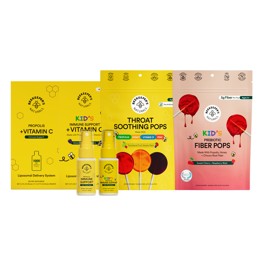 Collection of Beekeeper Naturals products including boxes and bottles on a white background