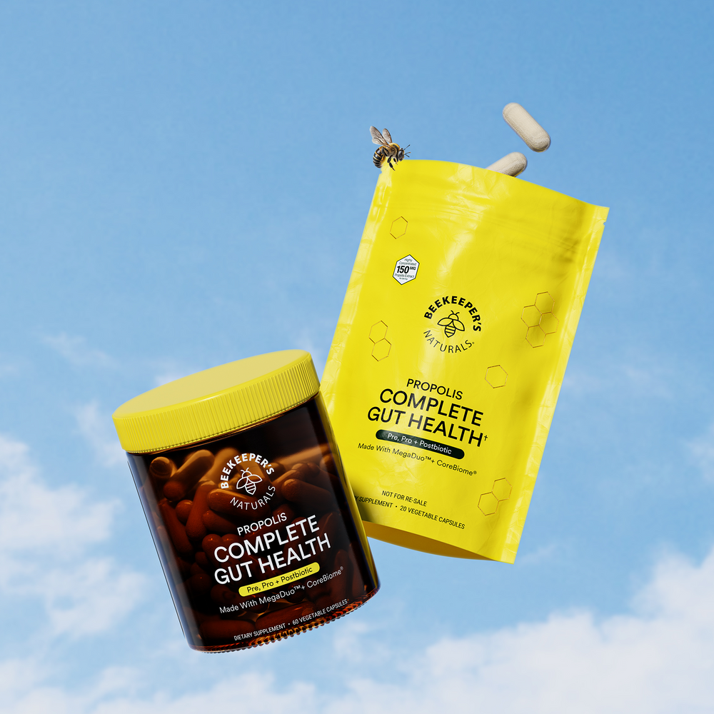 Beekeeper's Naturals Complete Gut Health supplements. Pre, Pro, & Postbiotic blend with MegaDuo and CoreBiome for digestive