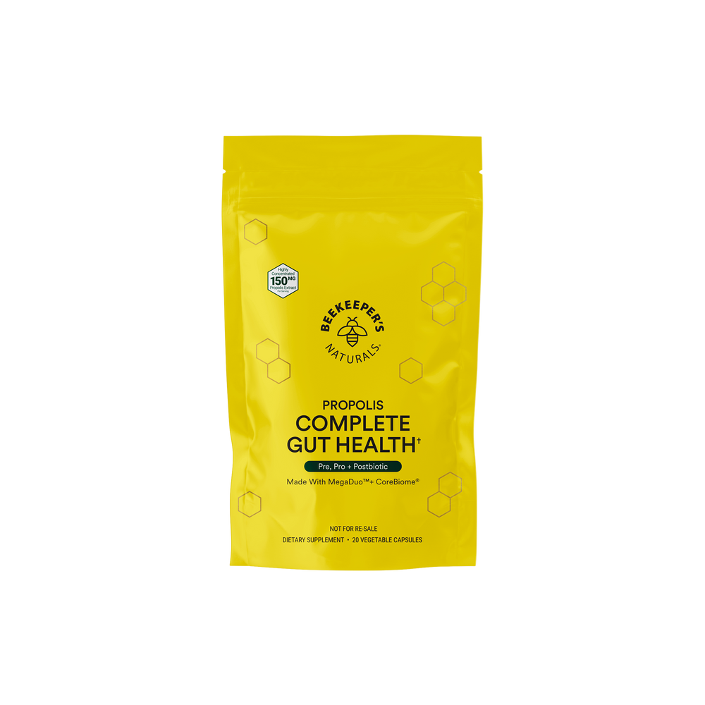 Beekeeper's Naturals Propolis Complete Gut Health dietary supplement. Includes pre, pro, and postbiotic ingredients.