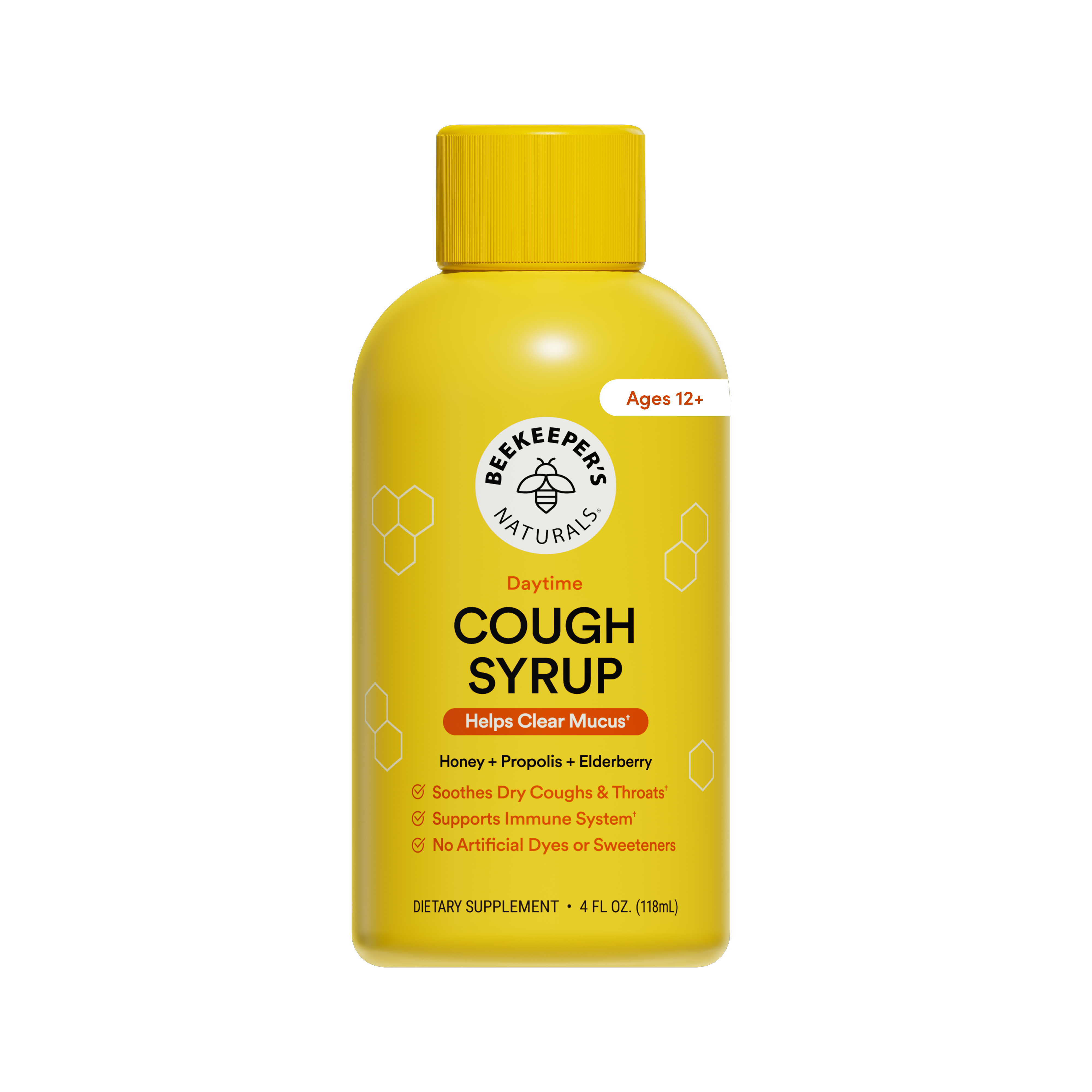 A yellow bottle of Beekeepers Naturals Cough Syrup with a yellow cap, shown on a plain white background. The label includes the brand logo, product name, and age rating.