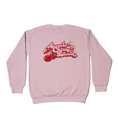 Back view of Acerola Cherry Lovers crewneck showcasing large red graphic of cherries and a bee on dusty rose background