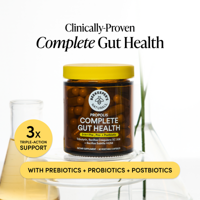 Propolis Complete Gut-Health packaging on a white background with banner: clinically-proven Complete Gut health. Callout: 3x triple-action support with prebiotics + probiotics + postbiotics