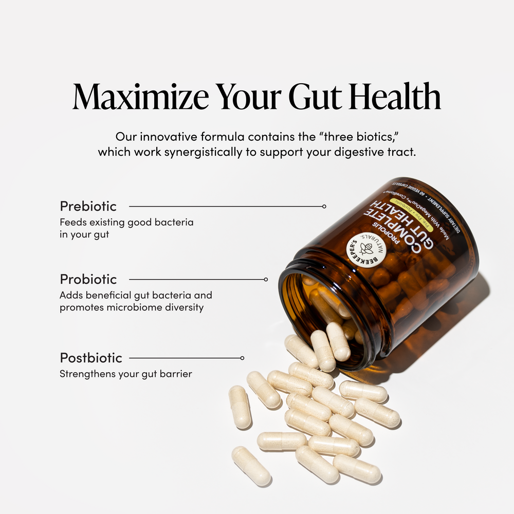 Propolis Complete Gut-Health packaging on a white background with the capsules spilt on counter. Maximize Your Gut Health highlighting prebiotic, probiotic and postbiotic.