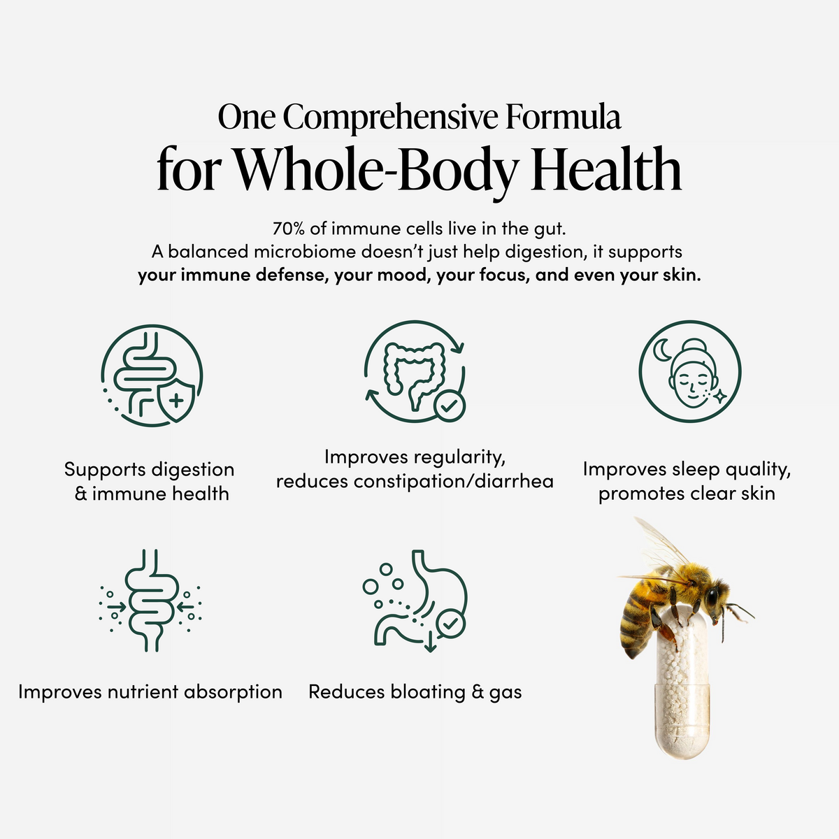 One comprehensive formula for whole-body health with icons: supports digestion & immune health, improves regularity, reduces constipation/diarrhea, improves sleep quality, promotes clear skin, improves nutrient absorption, reduces bloating and gas.