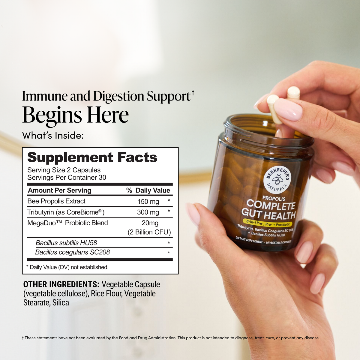 Immune and Digestion support begins here with the supplement facts panel for propolis complete gut health 3-in-1 pre-, pro-, postbiotic.