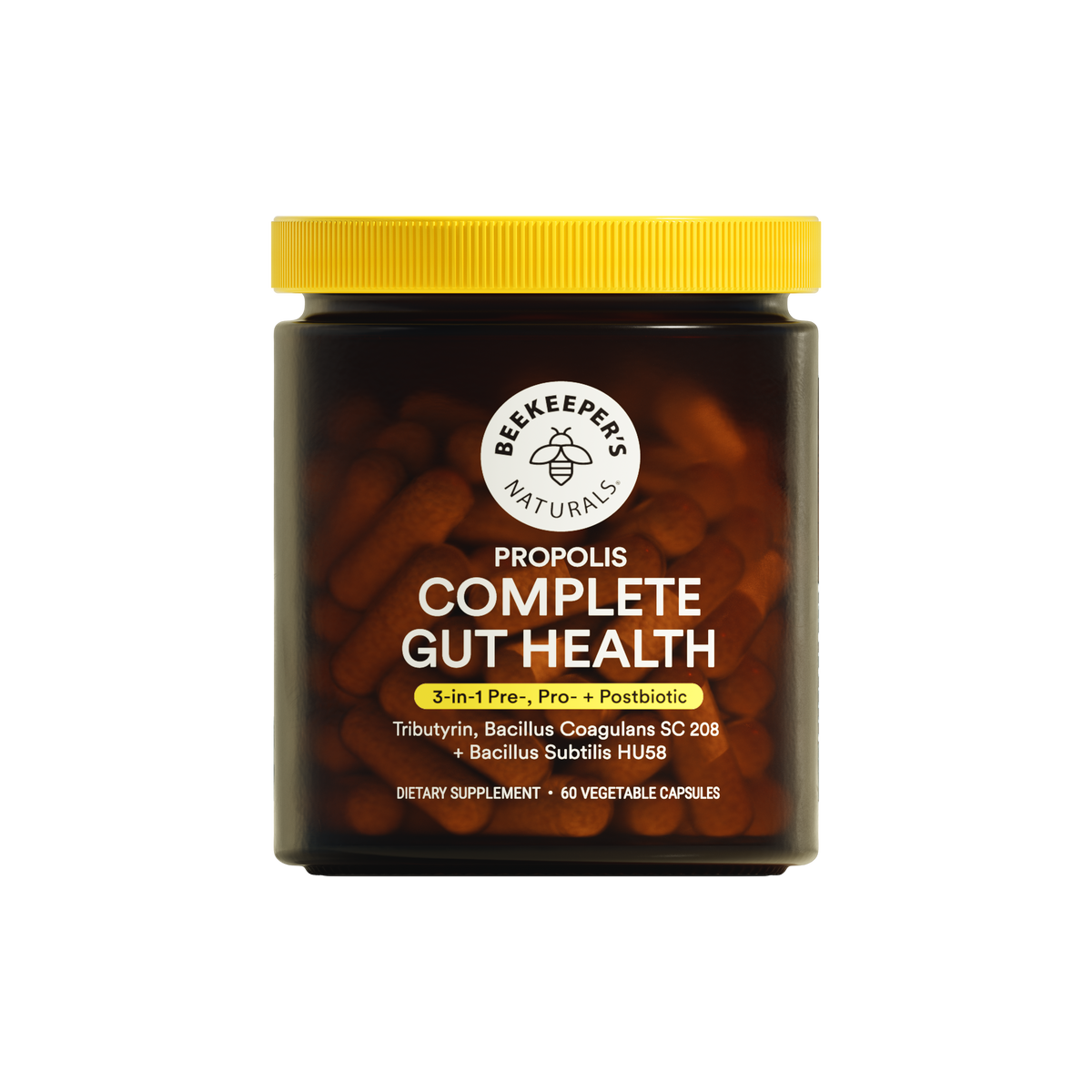 Propolis Complete Gut-Health packaging on a translucent background