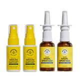 Four bottles of Beekeeper's Naturals immune support and nasal spray products on a white background