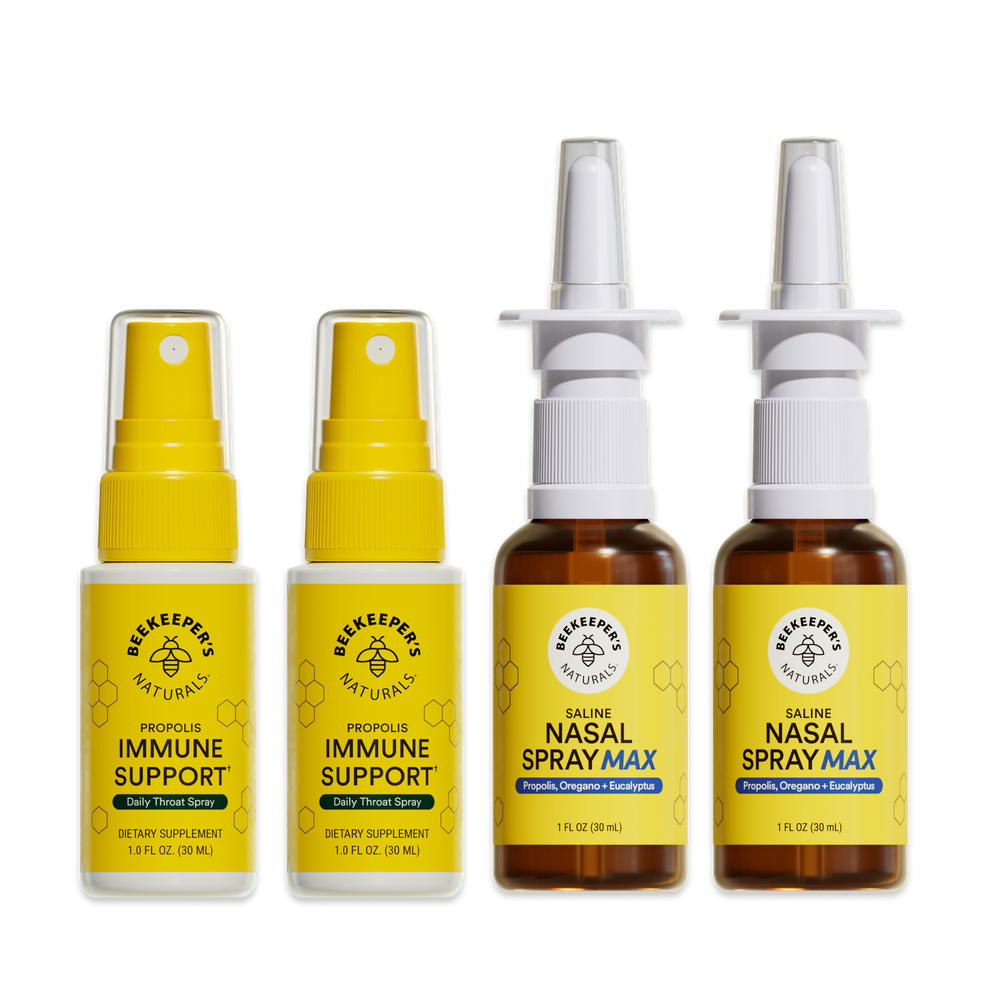Four bottles of Beekeeper's Naturals immune support and nasal spray products on a white background