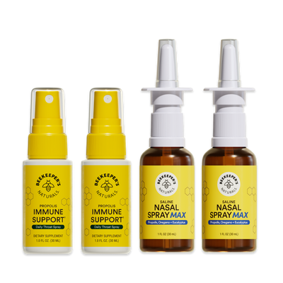 Four bottles of Beekeeper's Naturals immune support and nasal spray products on a white background