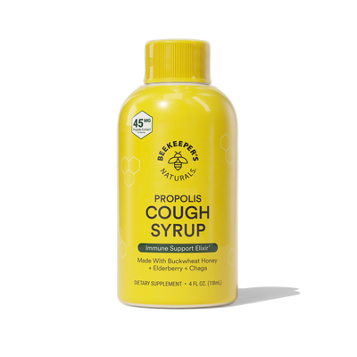 Front view of Daytime Propolis Cough Syrup bottle showcasing yellow Daytime label on white background