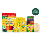 A back-to-school essentials product bundle from Crayola, including a limited edition back-to-school essentials box, two yellow throat-soothing lozenges, a pack of Twistables crayons, and a small beige drawstring pouch, shown on a white background with a green badge that says it includes a downloadable coloring page.