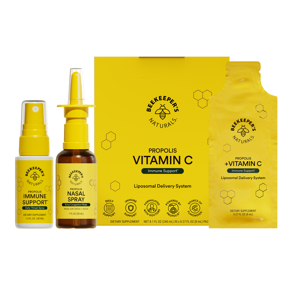 Beekeeper's Naturals health and wellness products including sprays and a box on a white background