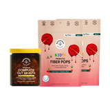 Jar of 'Complete Gut Health' supplement and package of 'Kid's Prebiotic Fiber Pops' on a white background