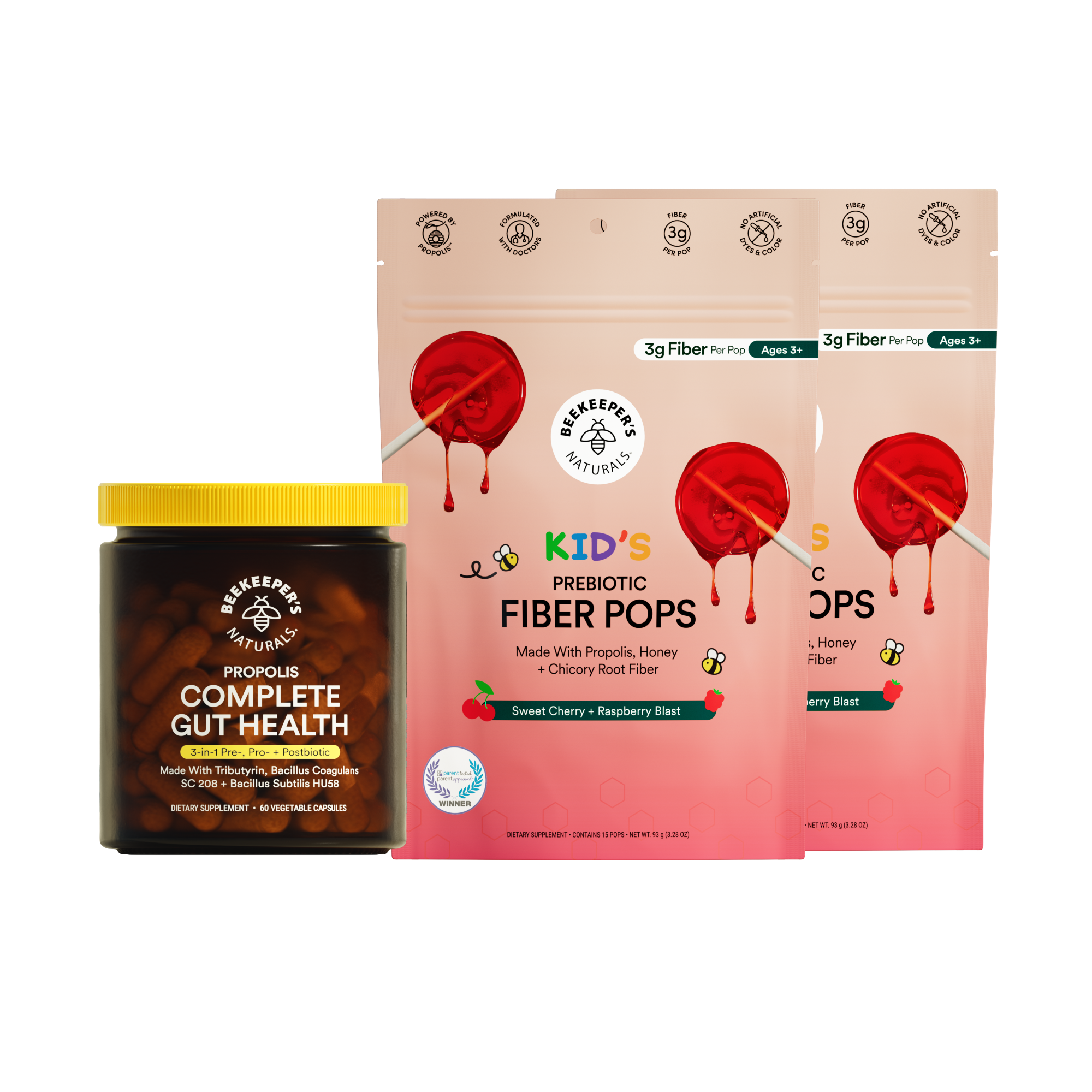 Jar of 'Complete Gut Health' supplement and package of 'Kid's Prebiotic Fiber Pops' on a white background