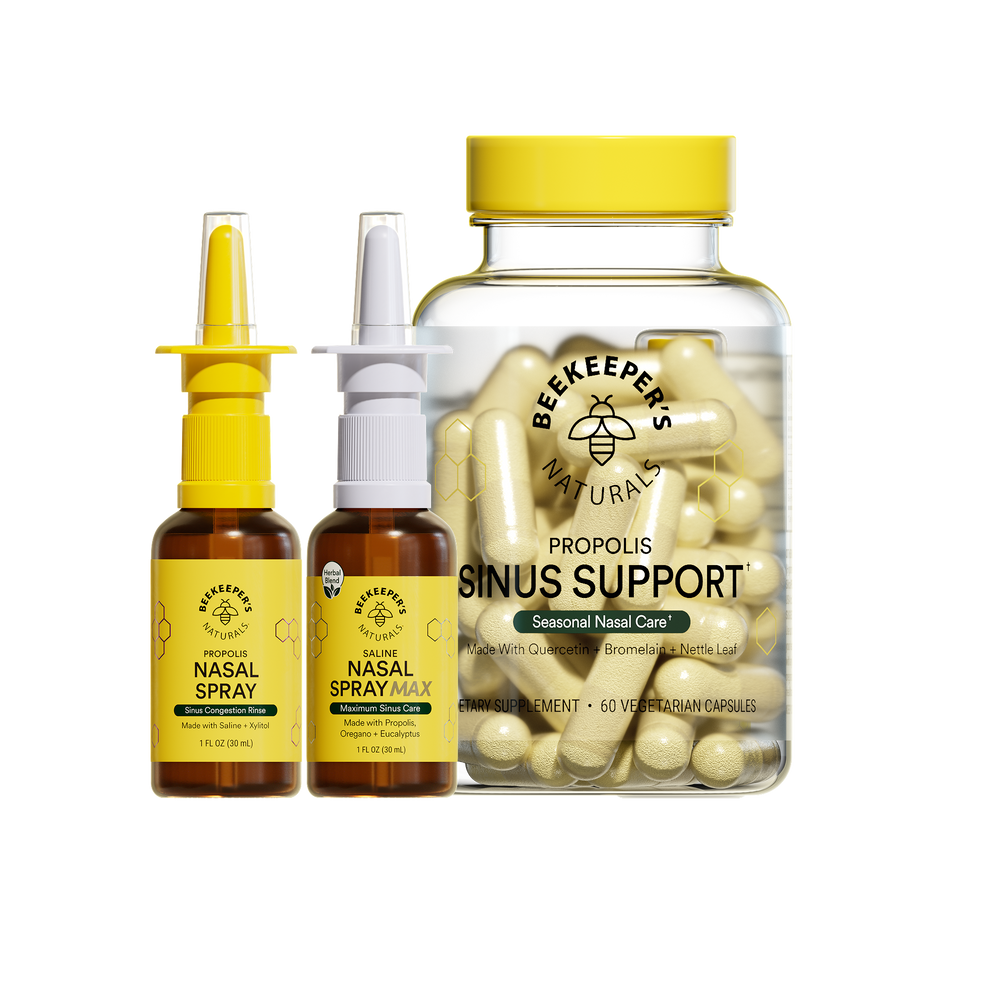 Beekeeper's Naturals sinus support products including capsules, spray, and nasal spray on a white background