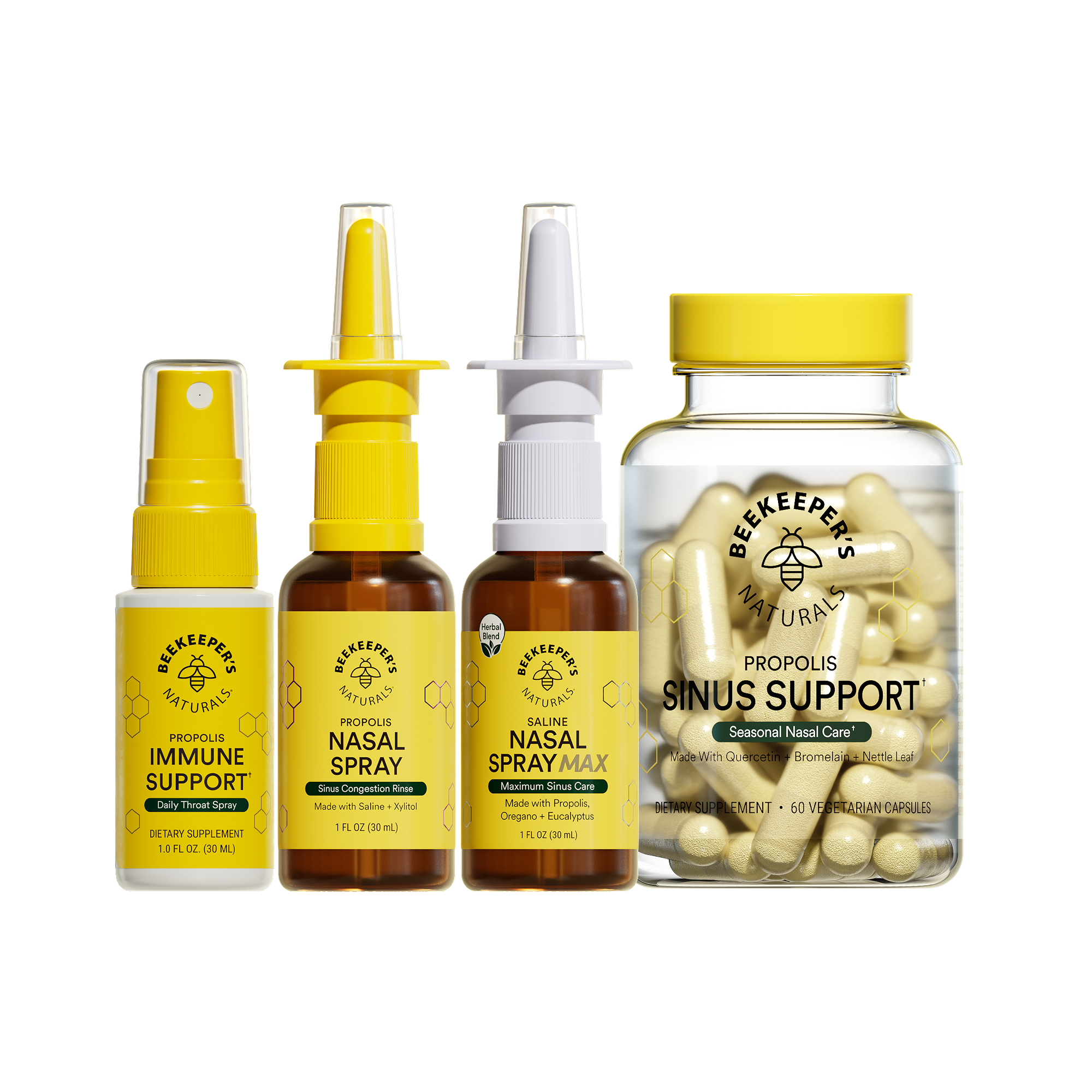 Collection of Beekeeper's Naturals health products including sprays and capsules on a white background