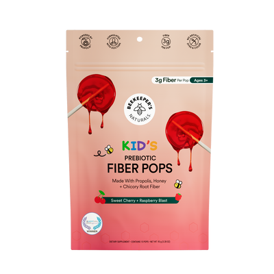 Package of Beekeeper's Naturals Kids Prebiotic Fiber Pops with red popsicles on a beige background
