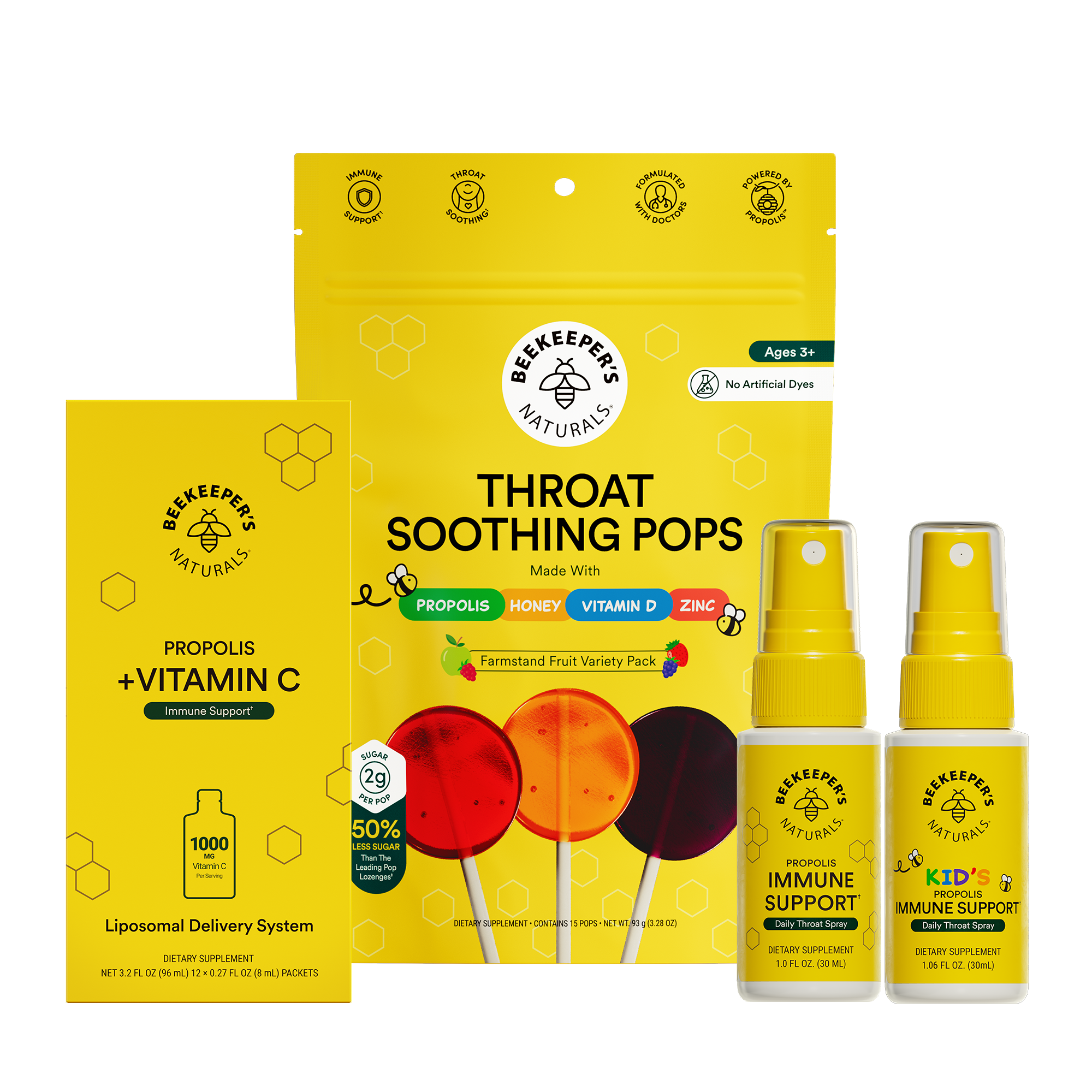Beeskeeper's Naturals throat soothing pops and immune support products on a white background