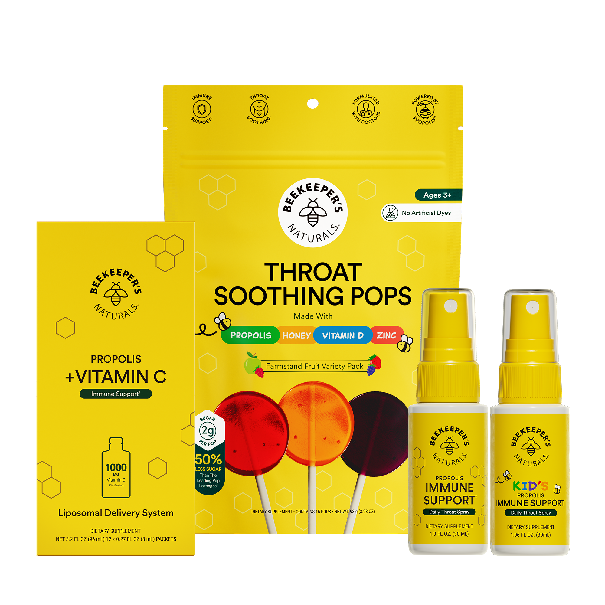 Beeskeeper's Naturals throat soothing pops and immune support products on a white background