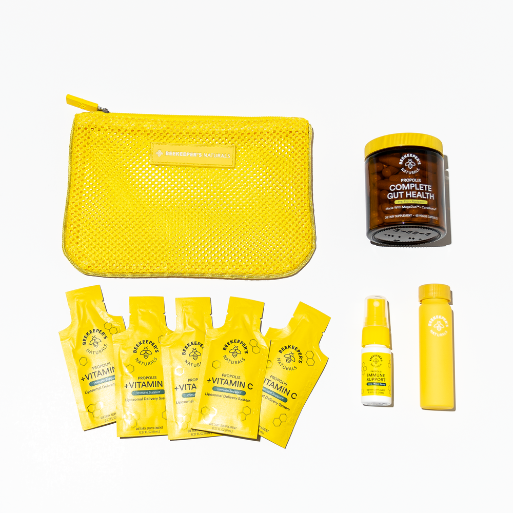 Beekeeper's Naturals Gut Health Starter Kit featuring supplements: Propolis Complete Gut Health, Vitamin C, Immune Support,