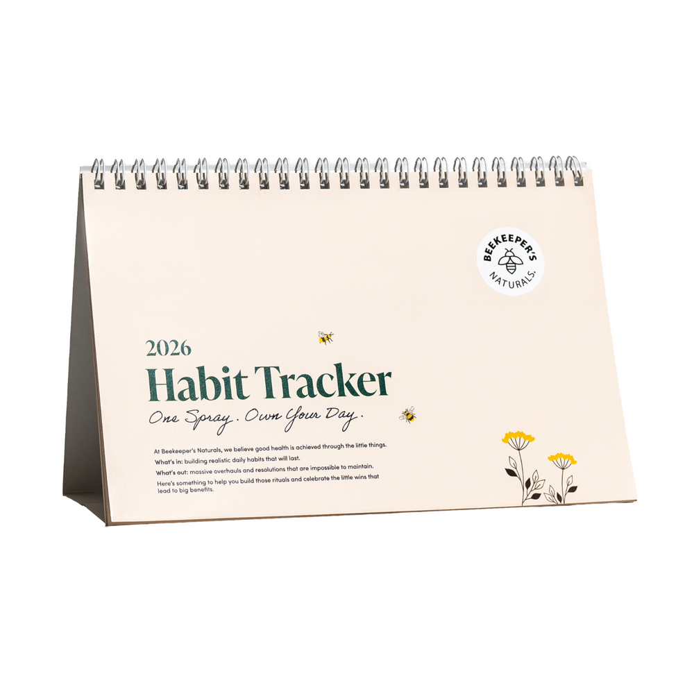 Habit tracker calendar with Beekeeper's Naturals branding on a white background