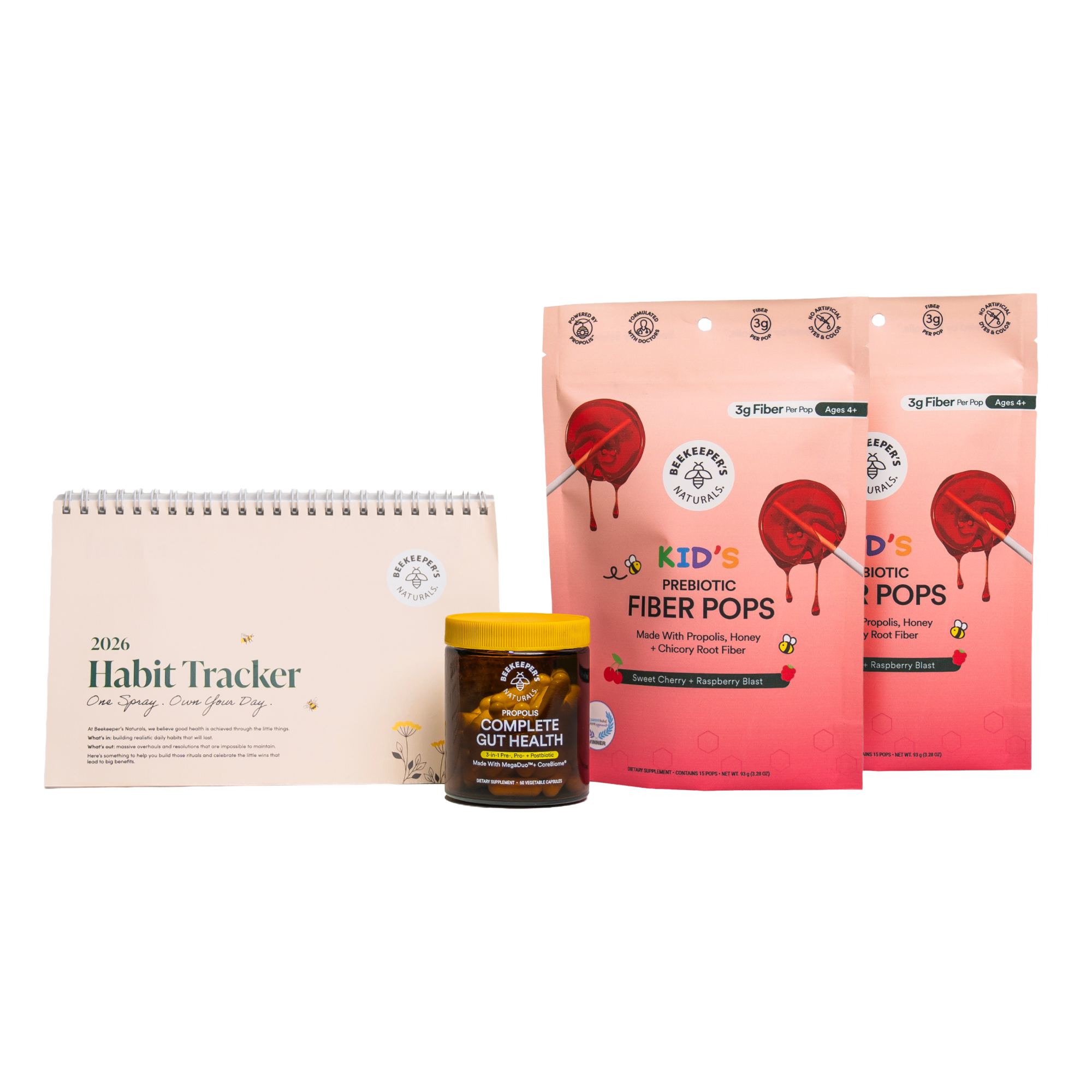 Habit tracker, jar of powder, and two packages of fiber pops on a white background