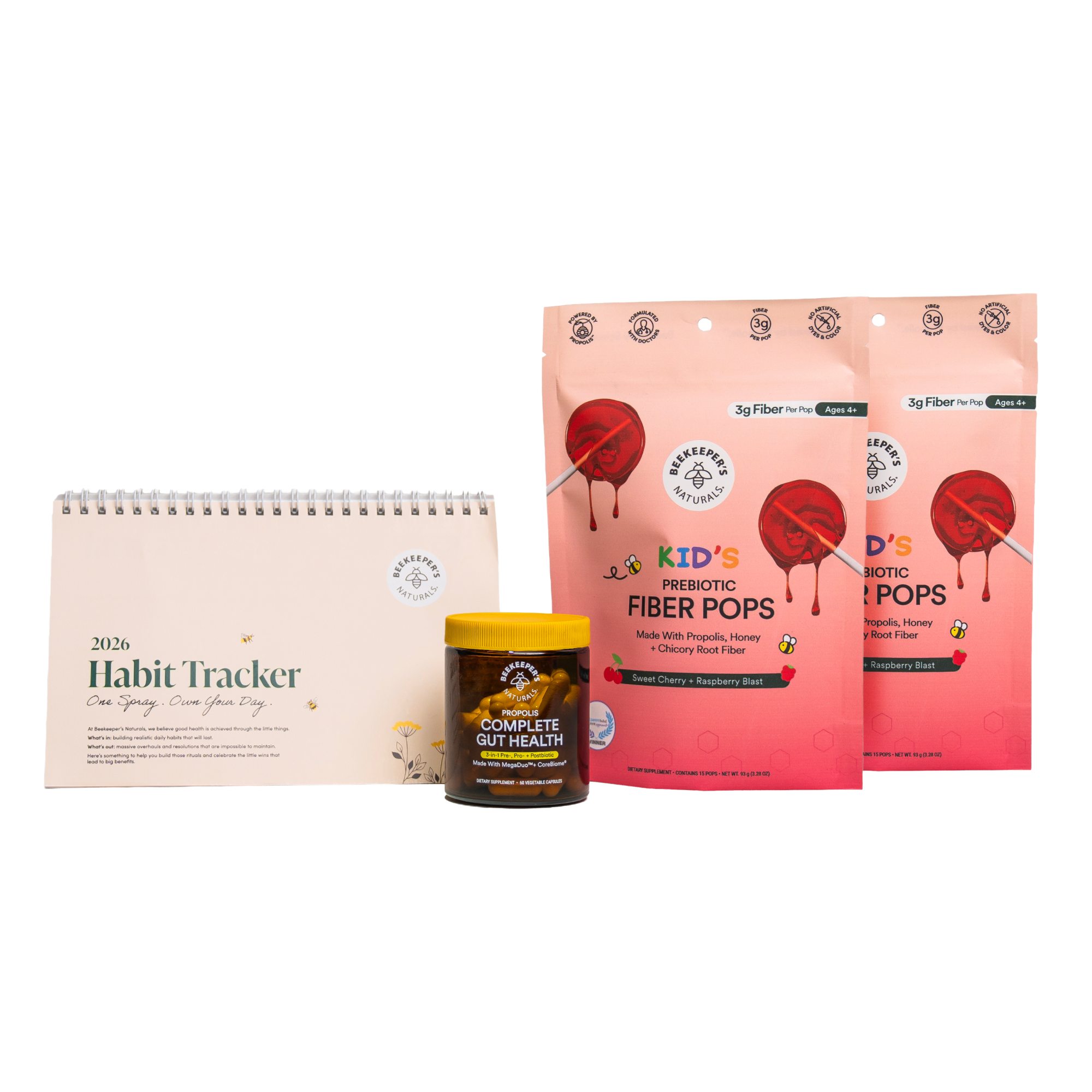Habit tracker, jar of powder, and two packages of fiber pops on a white background